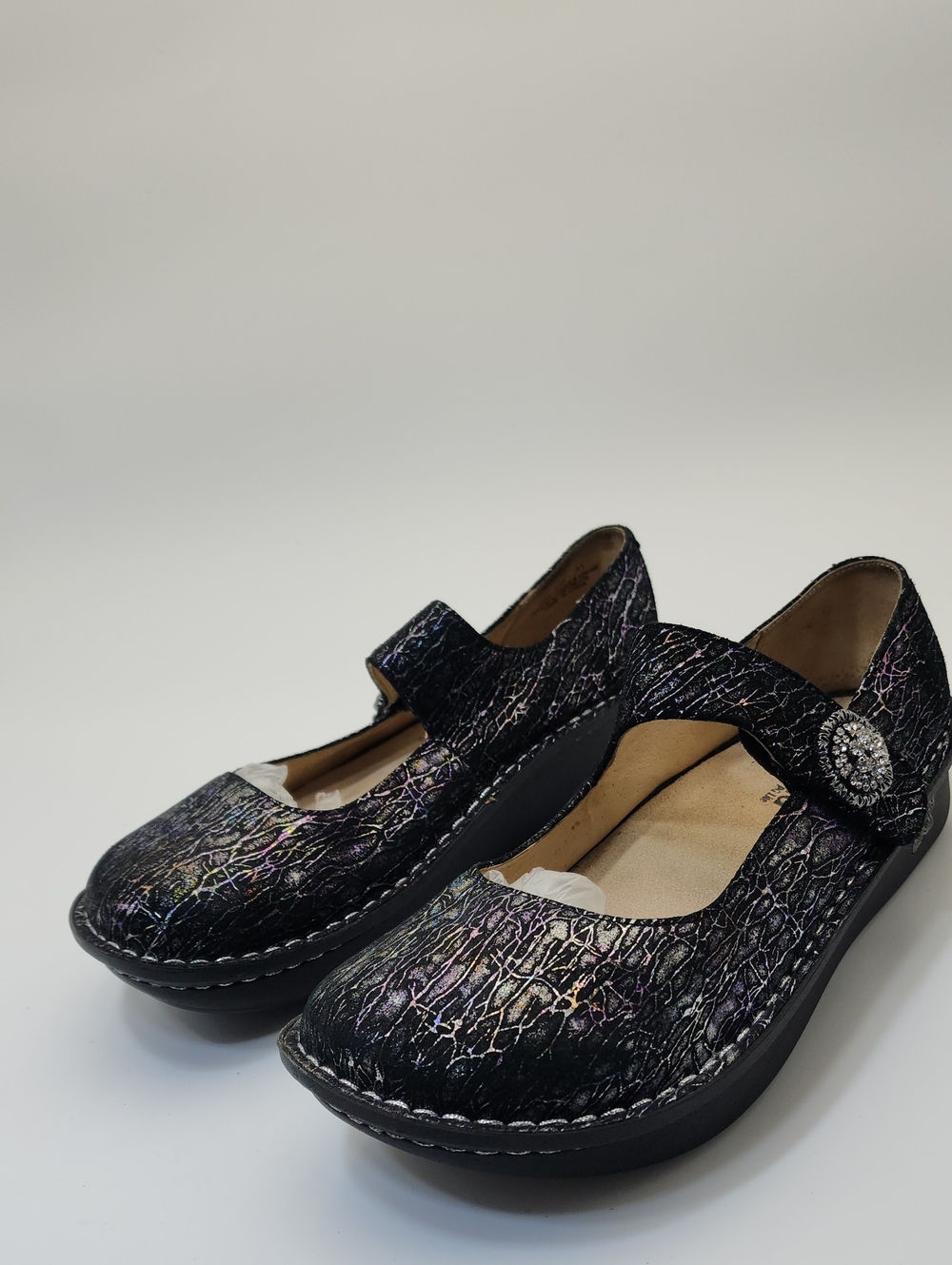 Alegria Paloma Black Metallic Holographic Crackle Mary Jane Shoes Size 41